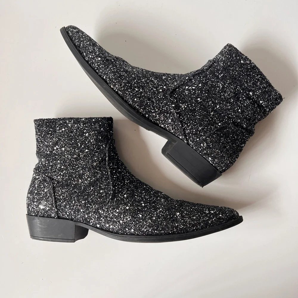 Glitter Chelsea Ankle Boots Sparkly Pointed Toe Rocker Glam Black Silver 9 Women